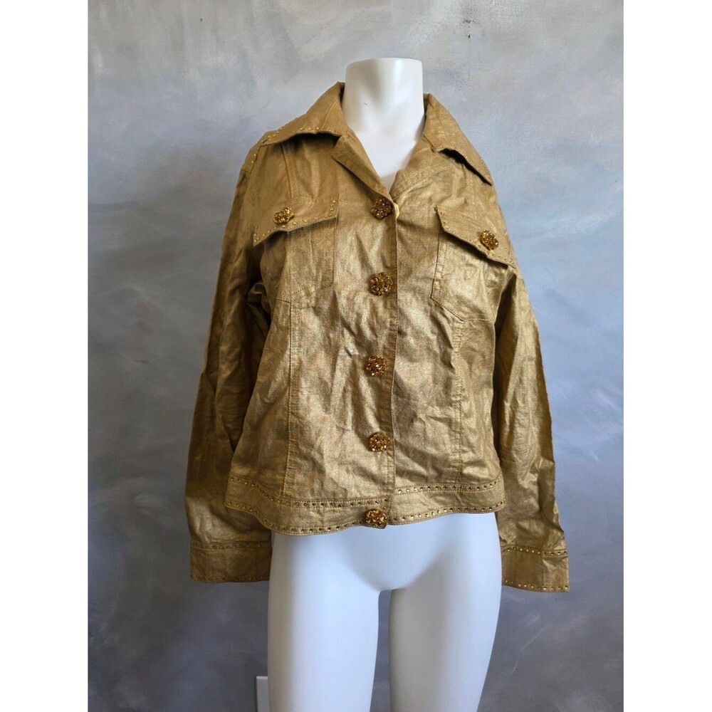 Berek Gold Metallic Linen Utility Jacket Studded Trim Rhinestone Snap Closure L